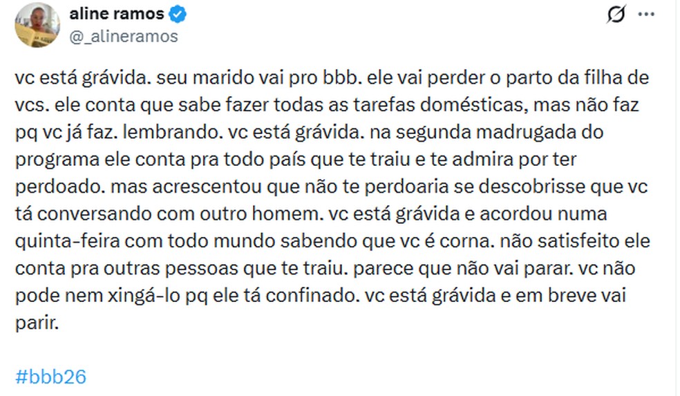 Web reage ao comentário de Pedro no 'BBB 26' — Foto: Reprodução: X