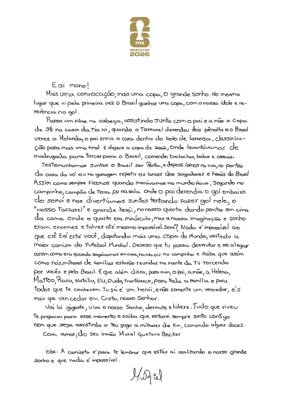 Carta do goleiro Muriel para Alisson — Foto: Reprodução