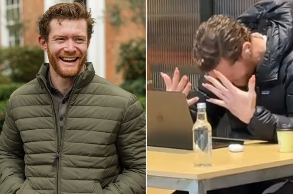 Mathew Lewis-Carter sofre para usar laptop com unhas posti&ccedil;as &mdash; Foto: Reprodu&ccedil;&atilde;o/TikTok