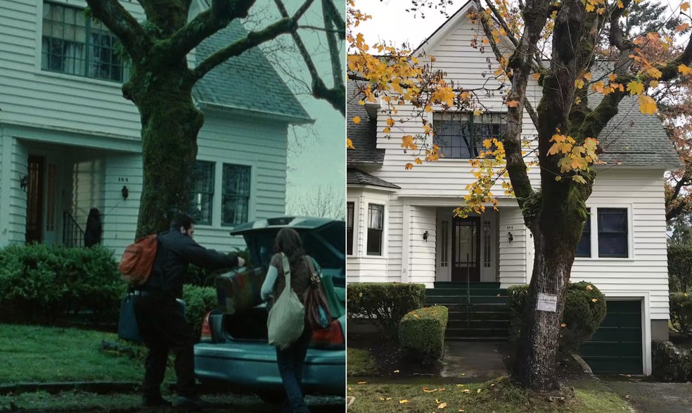 Cena do filme 'Crepúsculo' e foto da casa disponível para aluguel — Foto: Reprodução