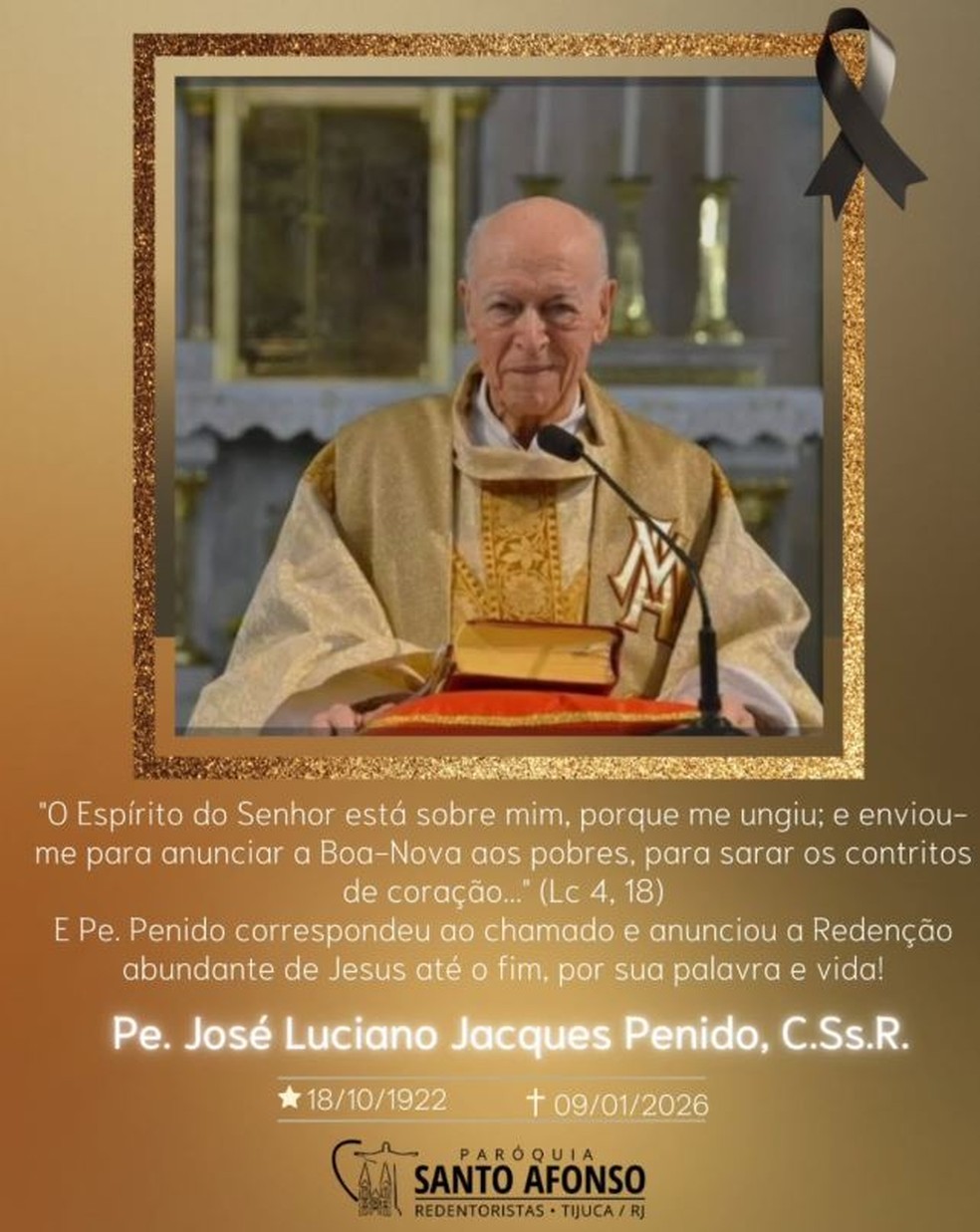 Padre de 103 anos morre em igreja no Rio, enquanto rezava Ave Maria — Foto: Reprodução de Instagram/ @paroquiasantoafonsor