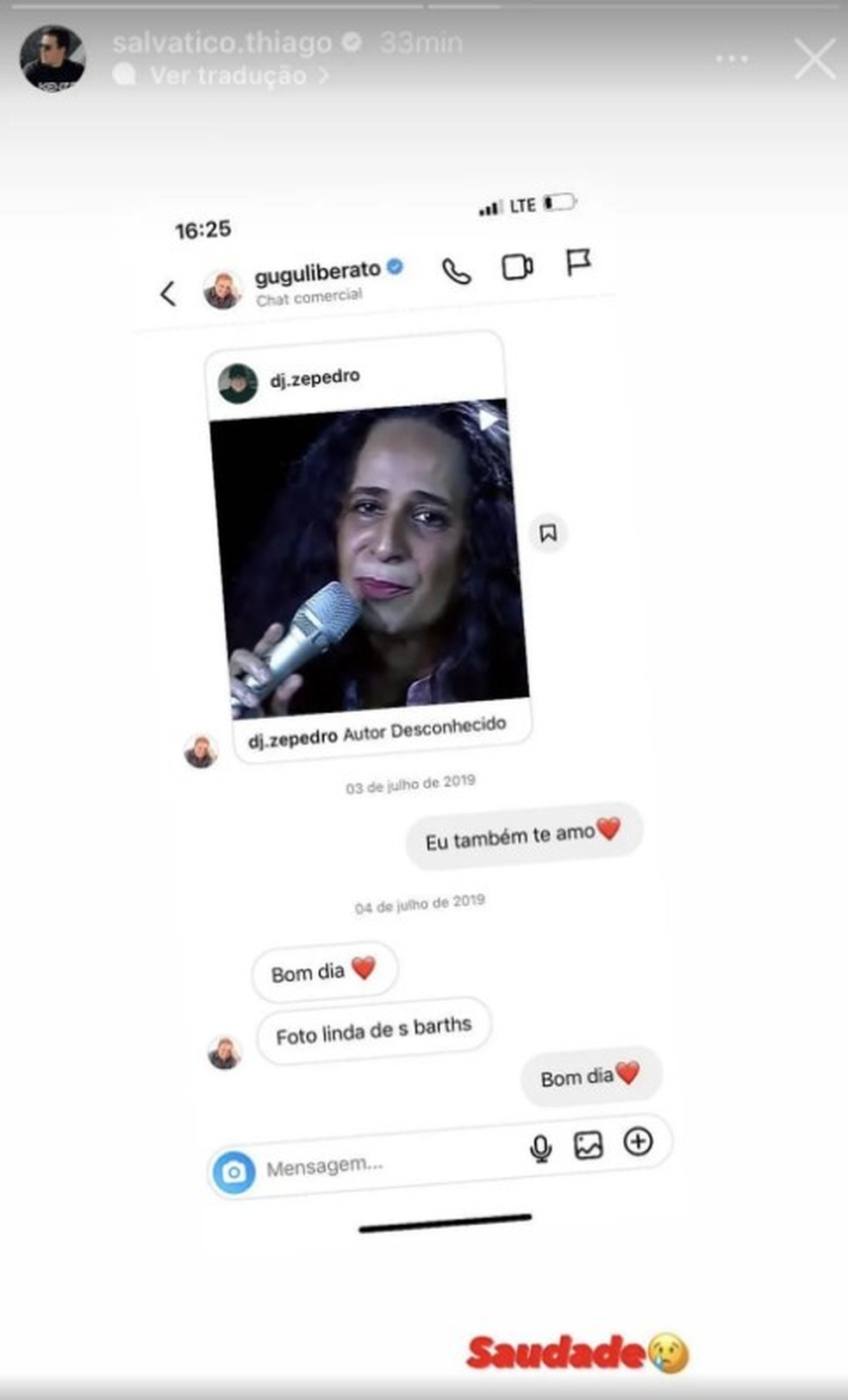 Thiago Salvático expõe mensagem que teria trocado com Gugu Liberato — Foto: Instagram
