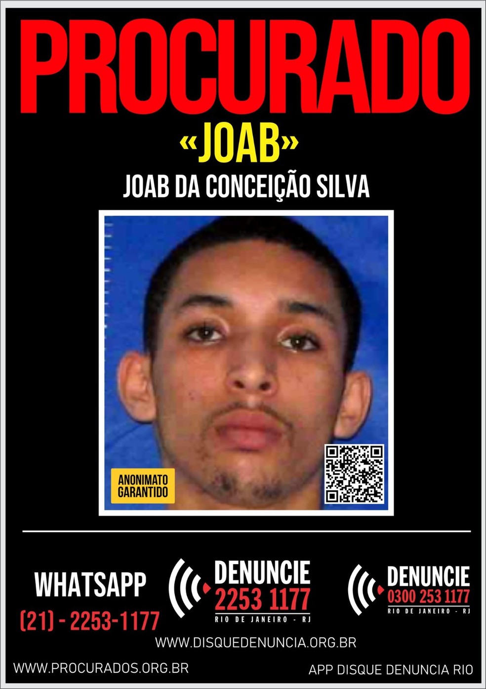 Cartaz de procurado de Joab da Conceição Silva — Foto: Reprodução