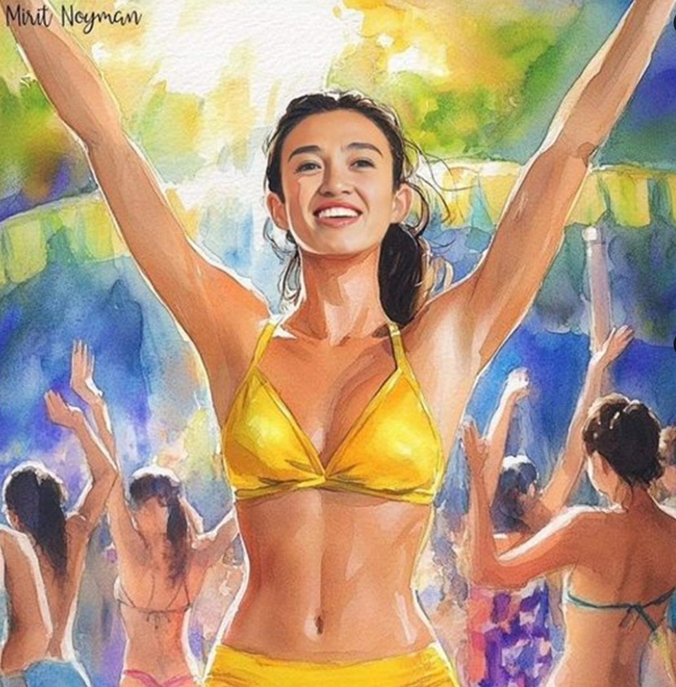 A celebração de Noa Argamani já foi imortalizada em tela de artista israelense — Foto: Reprodução/X