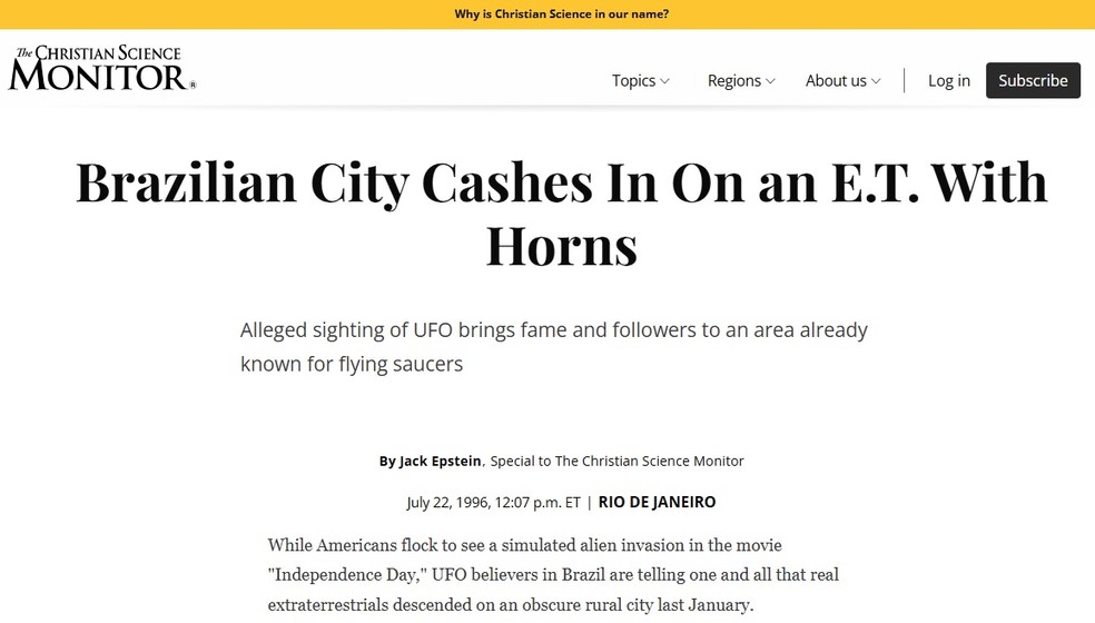 Reportagem do 'Christian Science Monitor' sobre o ET de Varginha — Foto: Reprodução