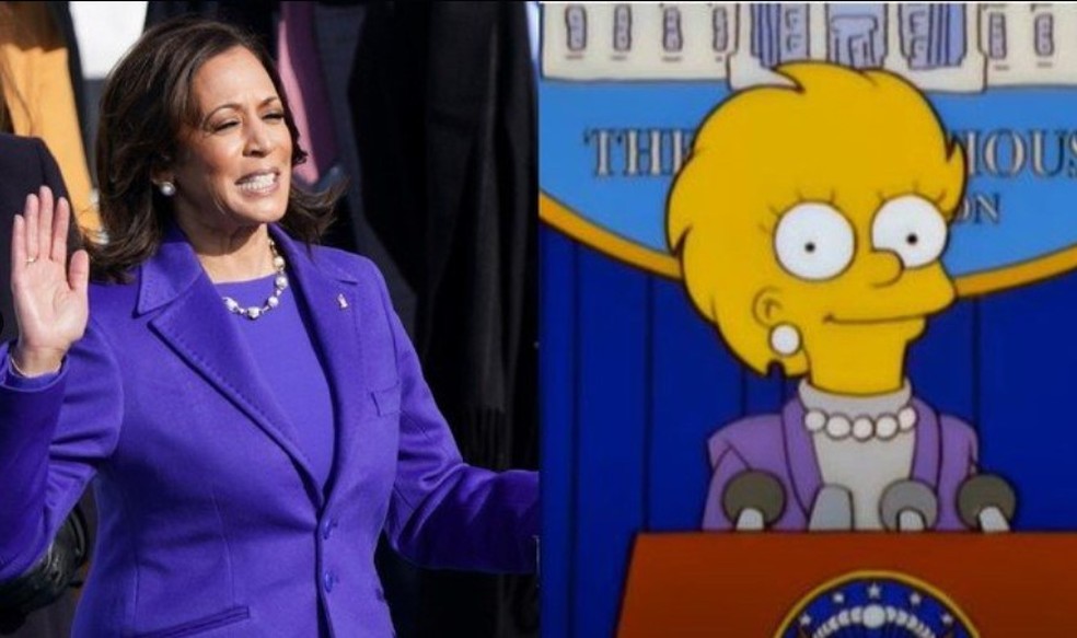 Kamala Harris na posse como vice em 2021 e Lisa Simpson, em desenho de 2000 — Foto: Reprodução/X