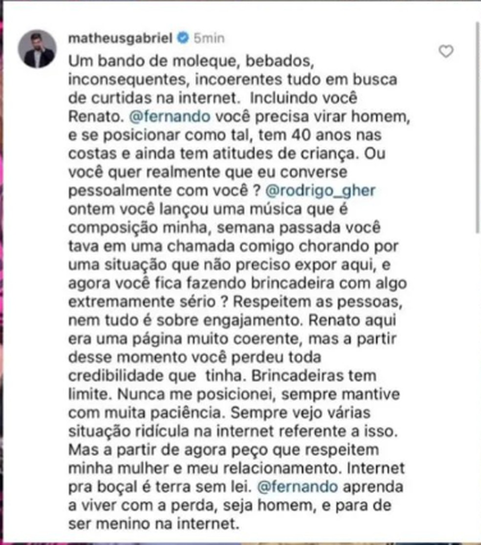 Matheus Gabriel sai em defesa de Maraisa em comentário de vídeo — Foto: Reprodção/Instagram