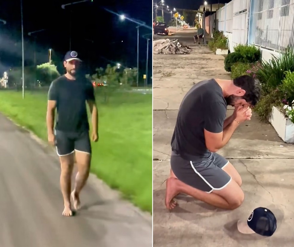 Matteus Alegrete caminha descalço até igreja e ajoelha para pagar promessa pós-'BBB 24' — Foto: Instagram