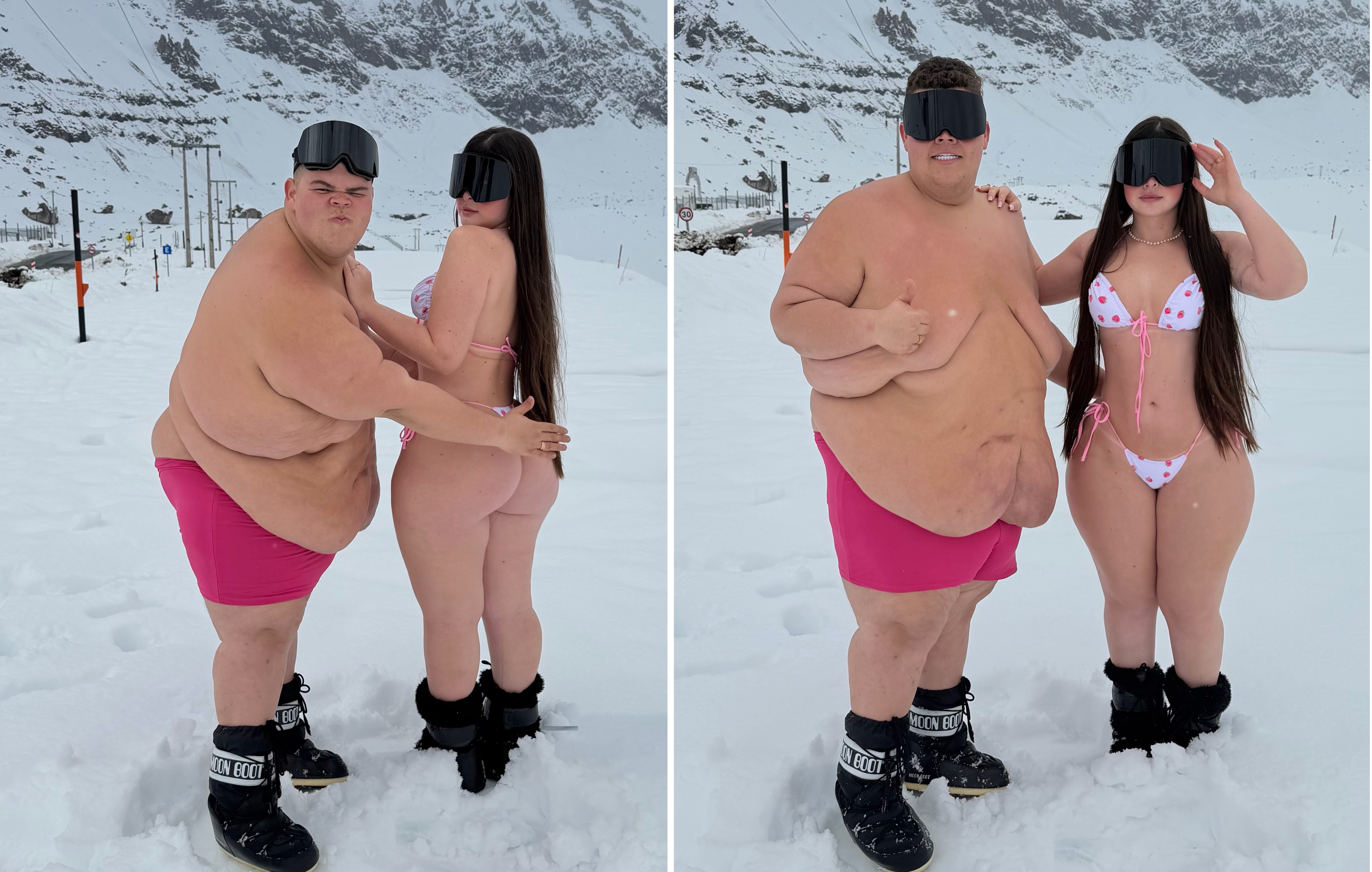 No chile, Gordão da XJ e noiva posam de trajes de banho na neve; fotos