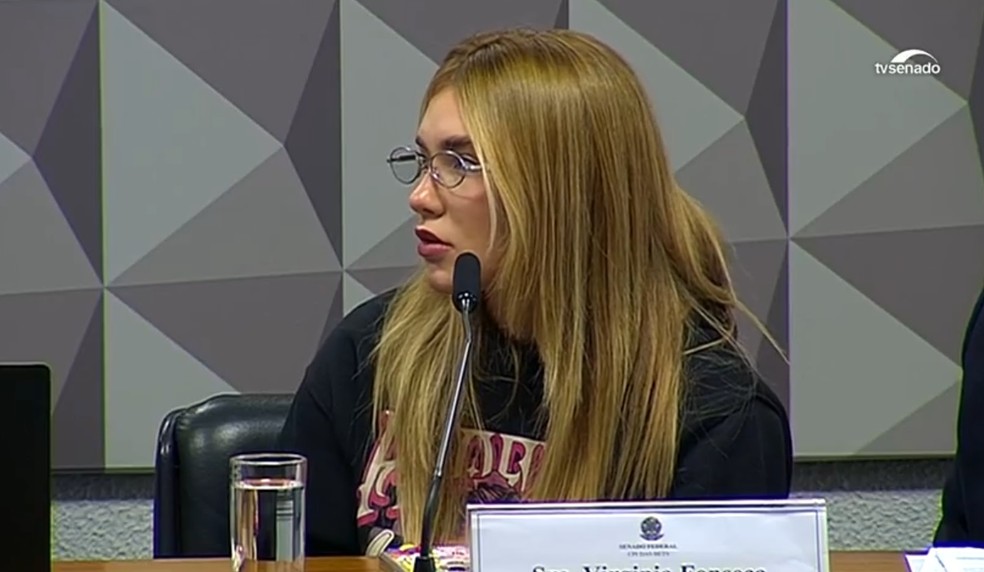 Virginia Fonseca na CPI das Bets — Foto: Reprodução/TV Senado