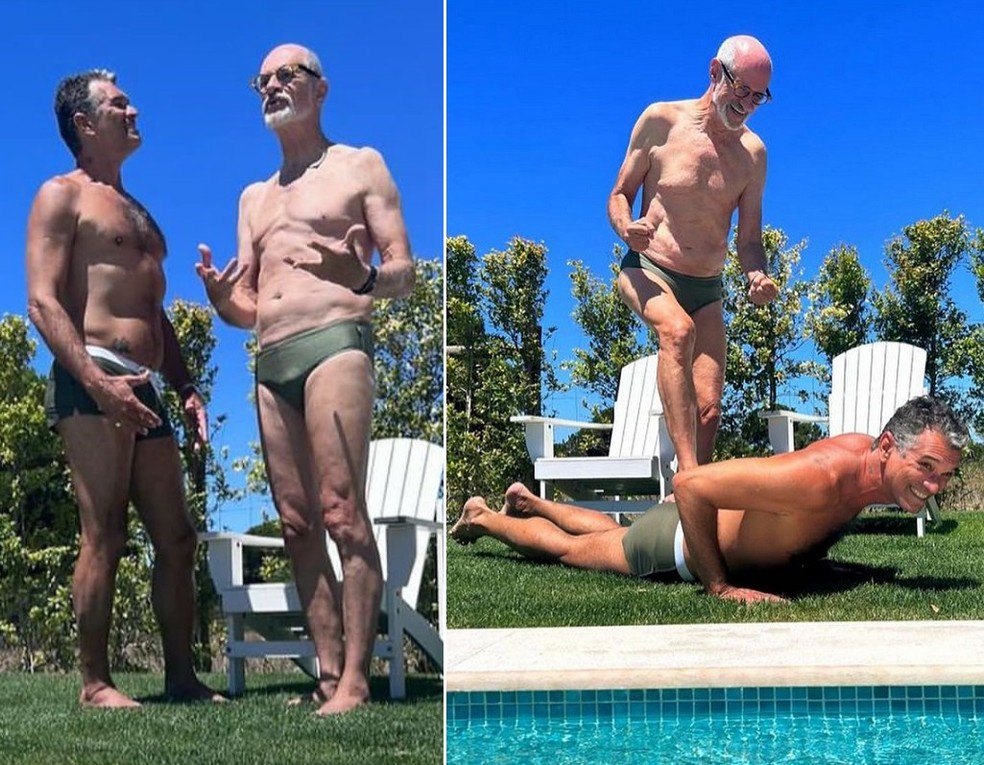 De sunga, Marcos Caruso brinca com o marido durante f&eacute;rias na Europa &mdash; Foto: Instagram