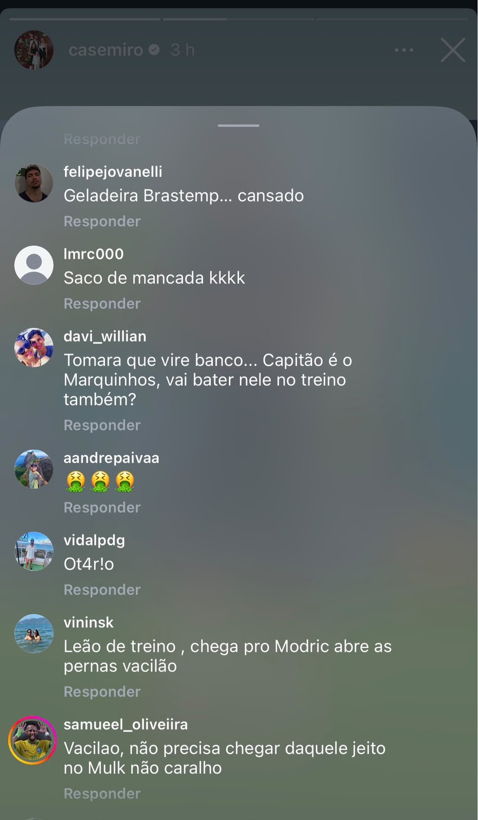 Torcedores criticam Casemiro em comentários no story — Foto: Reprodução / Instagram