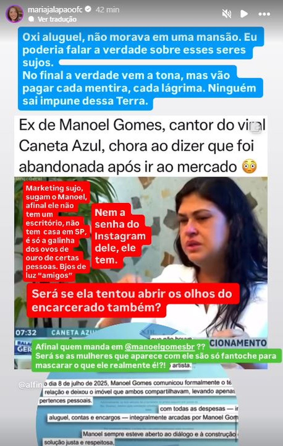 Ex de Manoel Gomes, dono do hit 'Caneta azul', desabafa nas redes após nova mulher ser abandonada por ele — Foto: reprodução