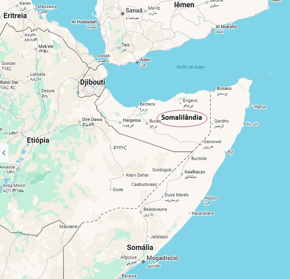 A Somalilândia, cuja independência não é reconhecida pela Somália, fica no Chifre da África — Foto: Reprodução/Google Maps