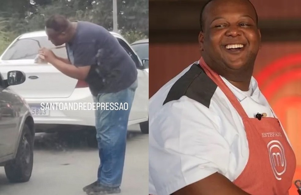 Estefano Zaquini foi fotografado vendendo doce em um sinal no município de Santo André — Foto: @santoandredepressao e divulgação