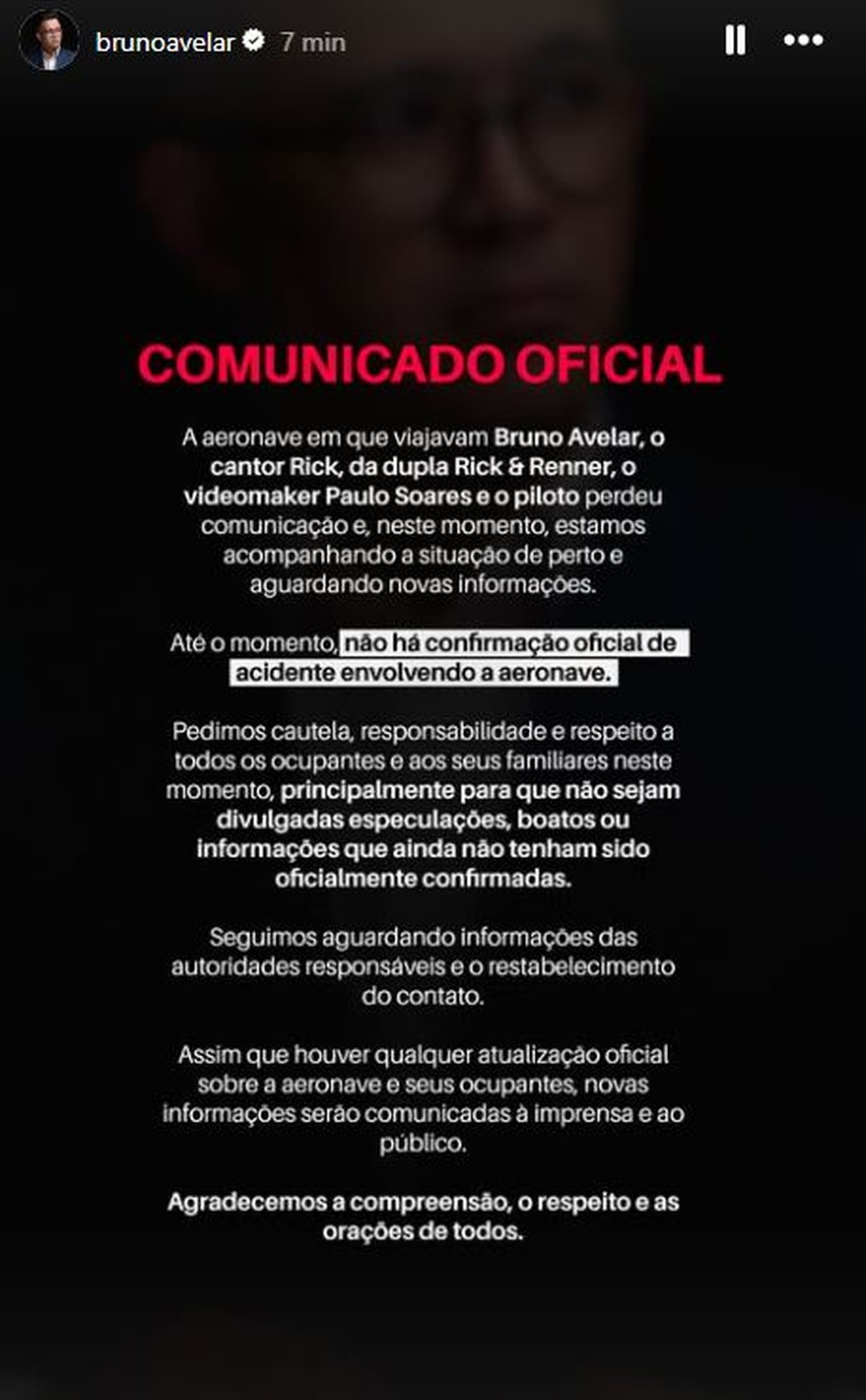 Equipe de Bruno Avelar, que desapareceu em aeronave com Rick, da dupla com Renner publica comunicação oficial nas redes sociais — Foto: reprodução
