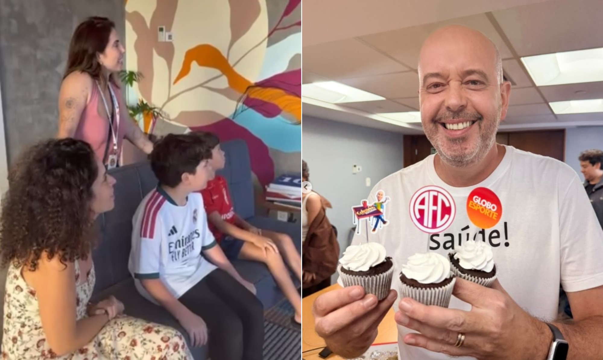Alex Escobar ganha surpresa da família na volta ao trabalho após cirurgia para retirada de tumor: 'Sem eles, nem imagino como seria'