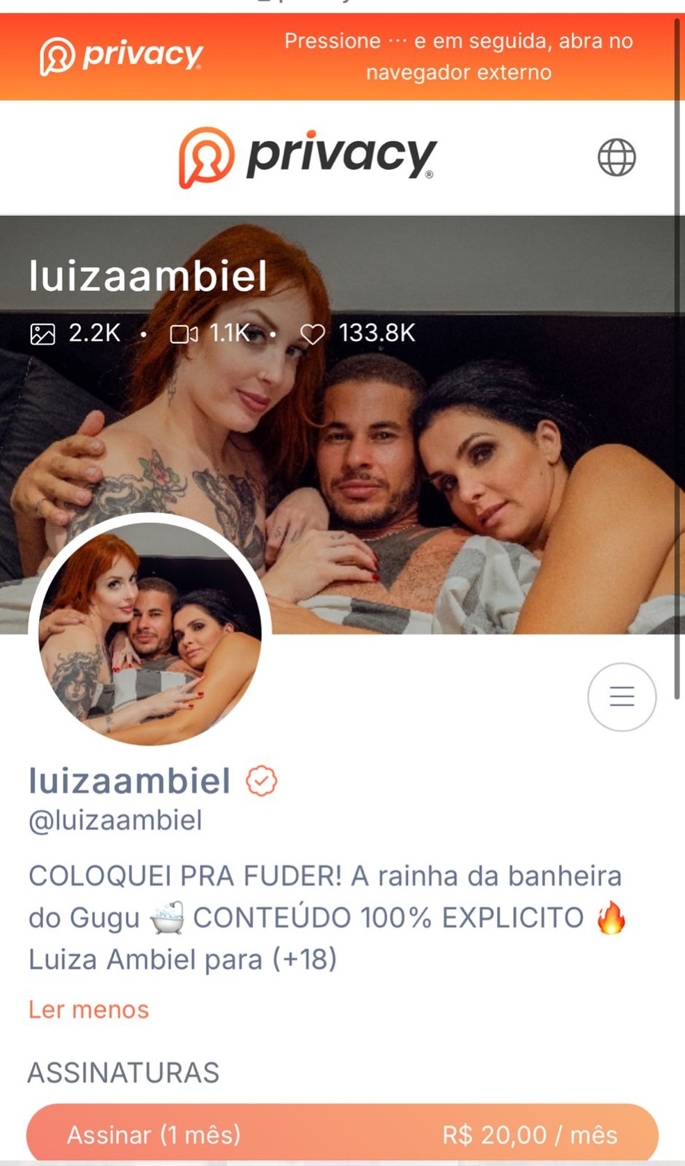 Ex banheira do Gugu, Luiza Ambiel grava conteúdo adulto com casal