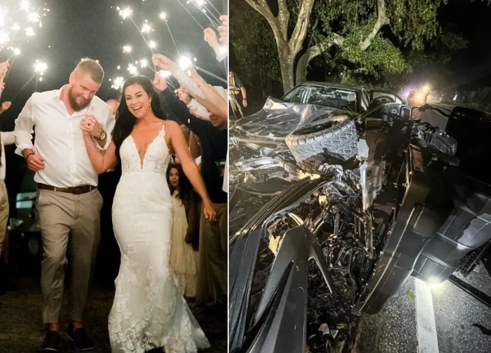 Os noivos Aric Hutchinson e Samantha Miller foram atingidos por motorista bêbada após sair da festa de casamento — Foto: Reprodução
