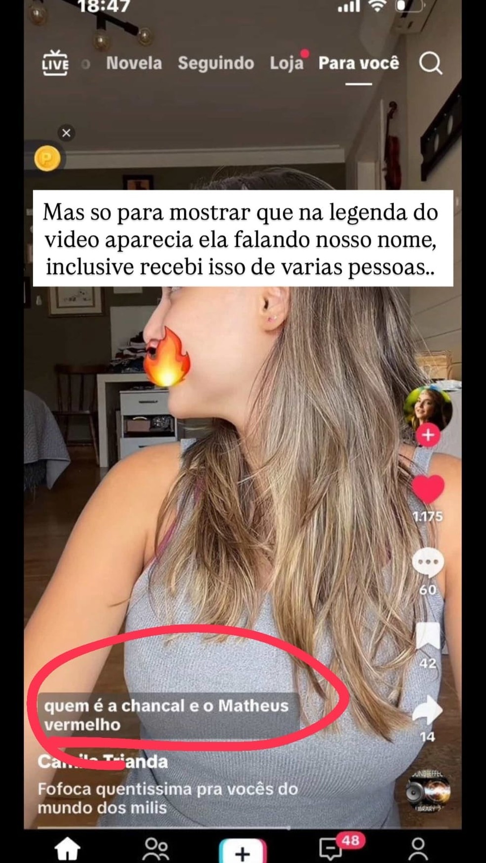 Shantal Verdelho mostra print em que o nome dela aparece incorretamente na legenda do vídeo, mesmo sem o áudio citá-la — Foto: Reprodução/TikTok
