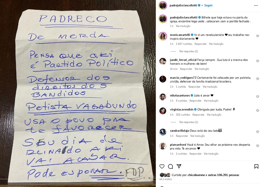 Padre Júlio Lacellotti recebe bilhete de ameaça — Foto: Reprodução/ Instagram