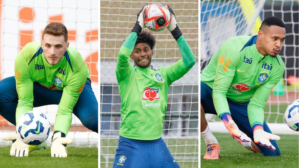 Bento, Hugo Souza e John disputam terceira vaga de goleiro na seleção brasileira — Foto: Rafael Ribeiro / CBF