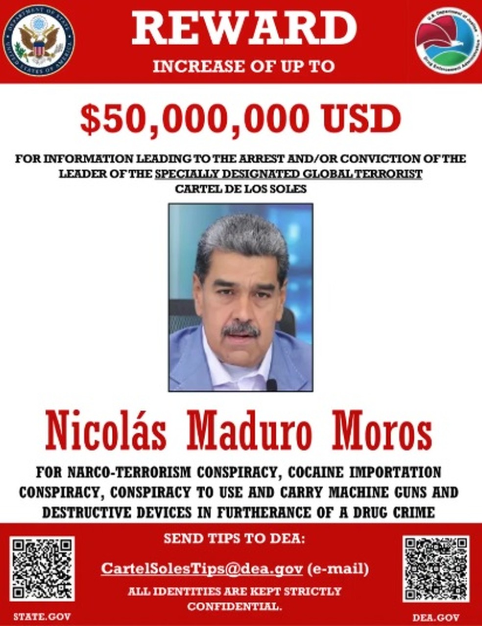 Recompensa de US$ 50 milhões pela captura de Maduro — Foto: Reprodução