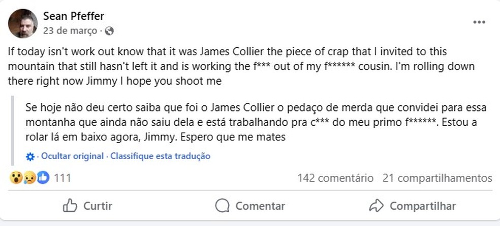 Mensagem escrita por Sean Pfeffer no Facebook &mdash; Foto: Reprodu&ccedil;&atilde;o