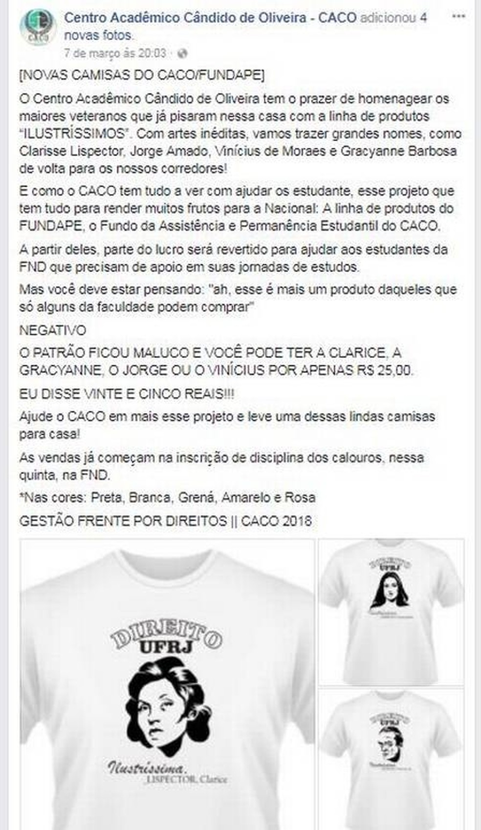 An&uacute;ncio da campanha das camisetas feita por alunos de Direito da UFRJ em 2018 &mdash; Foto: Reprodu&ccedil;&atilde;o/Facebook