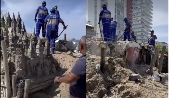 Tradicional castelo de areia da Praia da Barra, marca do bairro há 30 anos, é demolido pela prefeitura