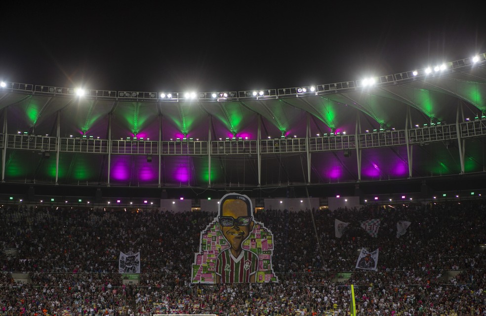 Com mosaico 3D de Cartola, Maracan&atilde; &eacute; iluminado com as cores da Mangueira &mdash; Foto: Alexandre Cassiano