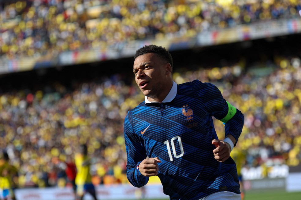 Mbappé em ação pela seleção francesa, em amistoso contra a Colômbia: ele chega à Copa de 2026 com 12 gols marcados em Mundiais — Foto: Franck Fife/AFP/29-3-2026