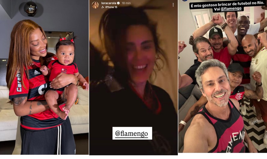 Ludmilla, Carolina Dieckmmann e Alexandre Nero comemoram a vitória do Flamengo na Libertadores