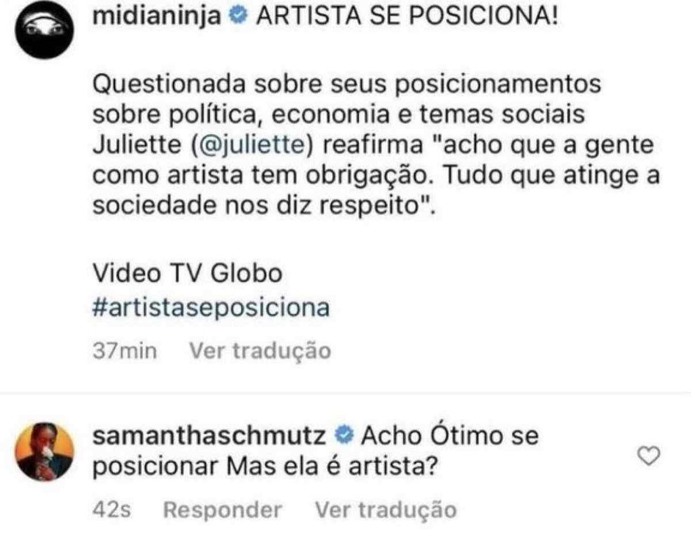 Samantha Schmütz criticou Juliette — Foto: Instagram
