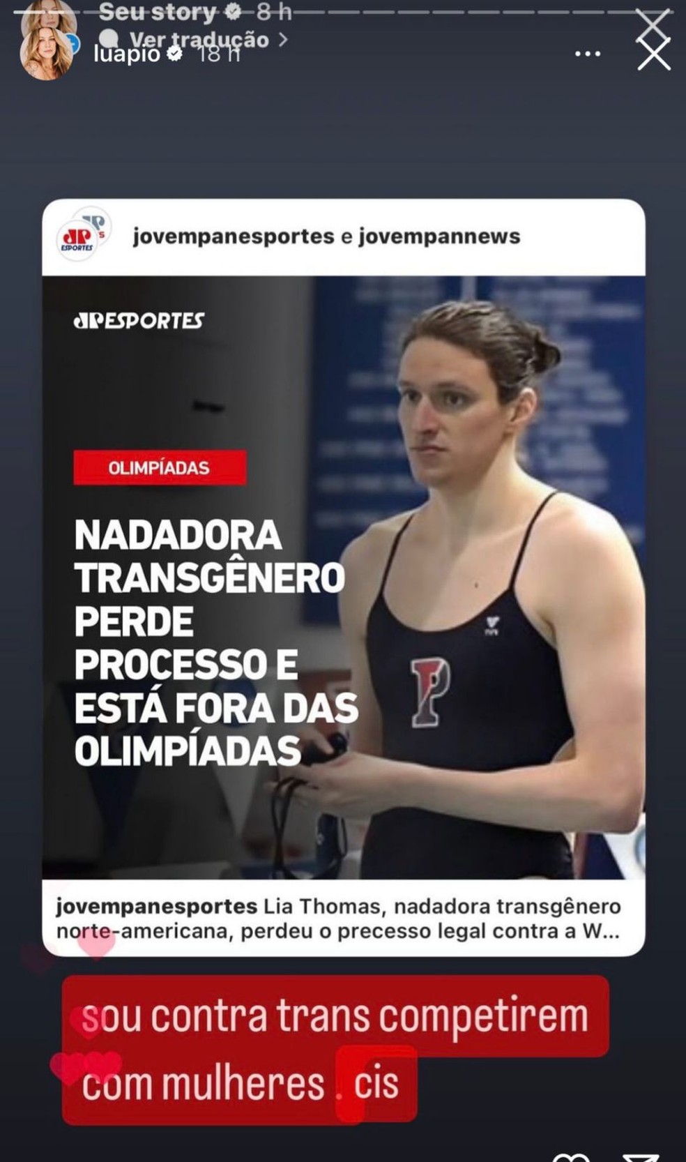 Piovani faz post afirmando ser contra mulheres trans competirem com mulheres cis nos esportes — Foto: Instagram