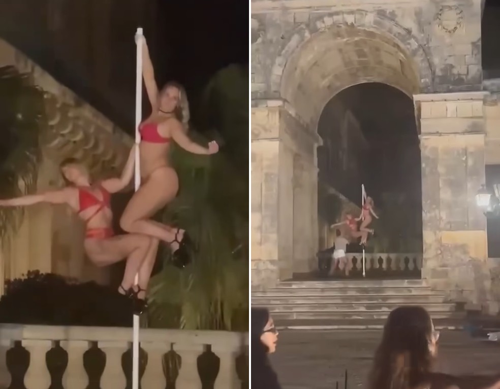Turistas fazem pole dance em patrimônio mundial em Corfu, Grécia — Foto: Reprodução/Facebook