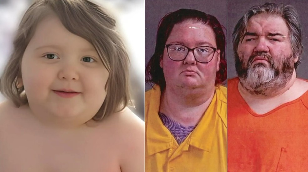 Casper morreu de insuficiência cardíaca aos 7 anos por causa do sobrepeso: 115 quilos; pais (à direita) foram indiciados por homicídio — Foto: Reprodução/Sharp Funeral Homes; Reprodução/Genesee County Jail