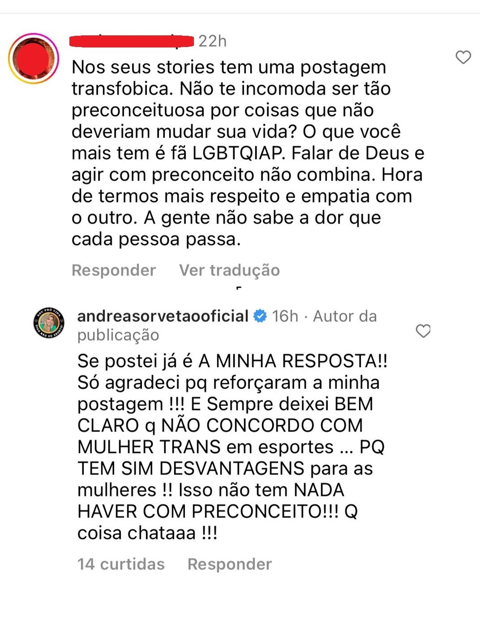 Andr&eacute;a Sorvet&atilde;o diz ser contra mulher trans em esportes e &eacute; acusada de transfobia &mdash; Foto: Instagram