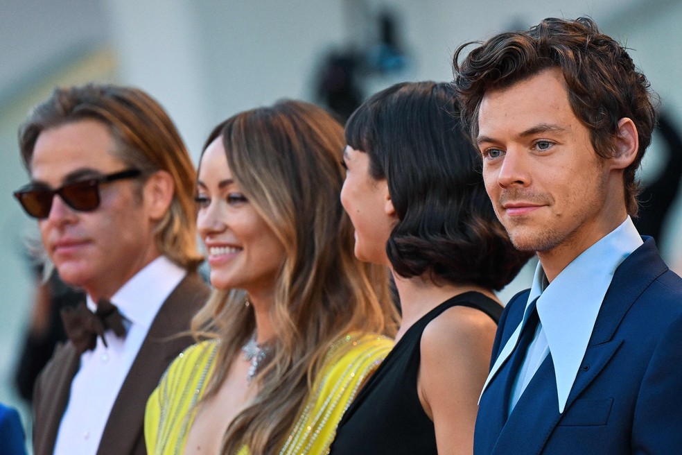 Chris Pine, Olivia Wilde, Sydney Chandler e Harry Styles na exibição de "Não se preocupe, querida", em 2022 — Foto: Tiziana Fabi/AFP