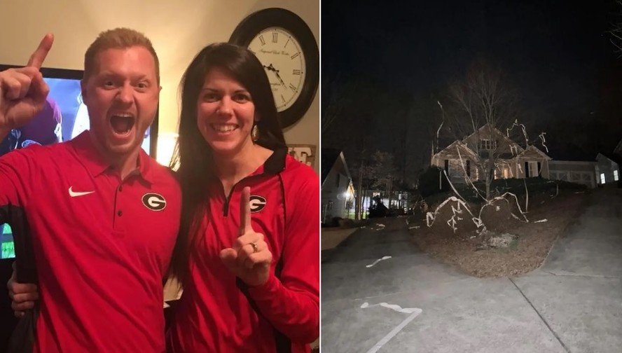Jason Hughes, com a esposa; e a casa deles alvo de pegadinha em 2023