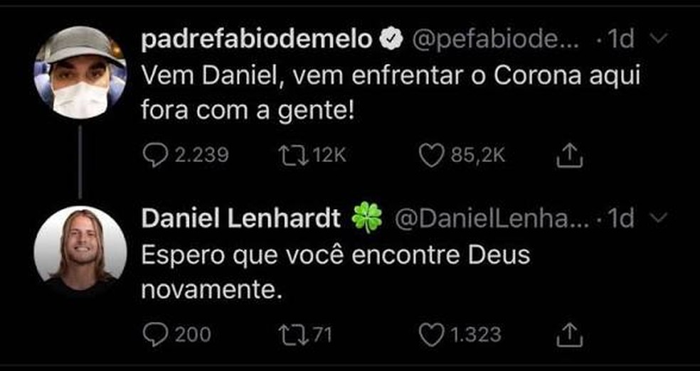 Daniel Lenhardt responde brincadeira ácida do padre Fábio de Melo, em 2020 — Foto: Reprodução/X
