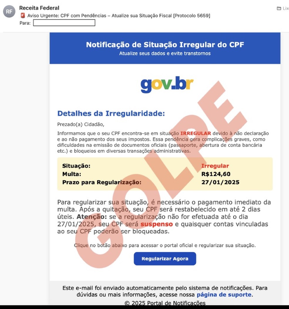 Umas das falsas mensagens enviadas pelos criminosos — Foto: Reprodução/Receita Federal