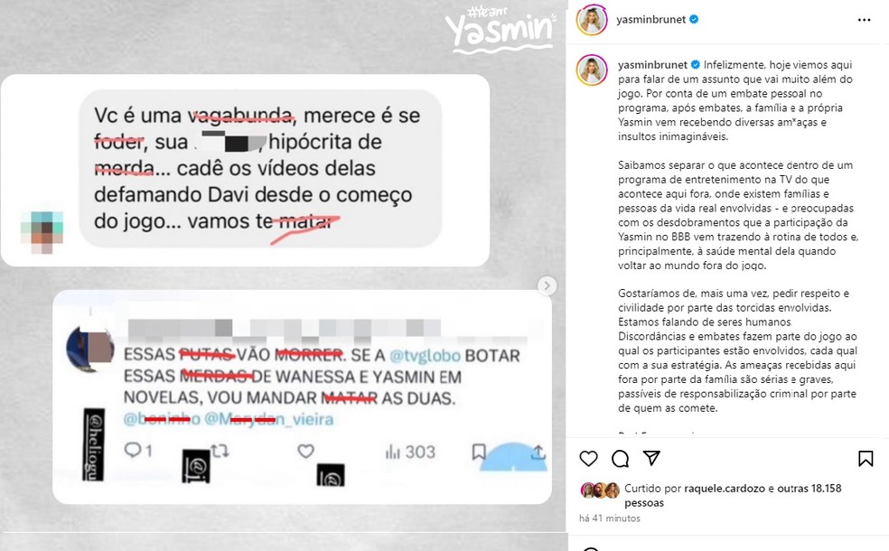 Equipe de Yasmin Brunet expõe ameaças de morte da torcida de Davi à família da modelo — Foto: Instagram