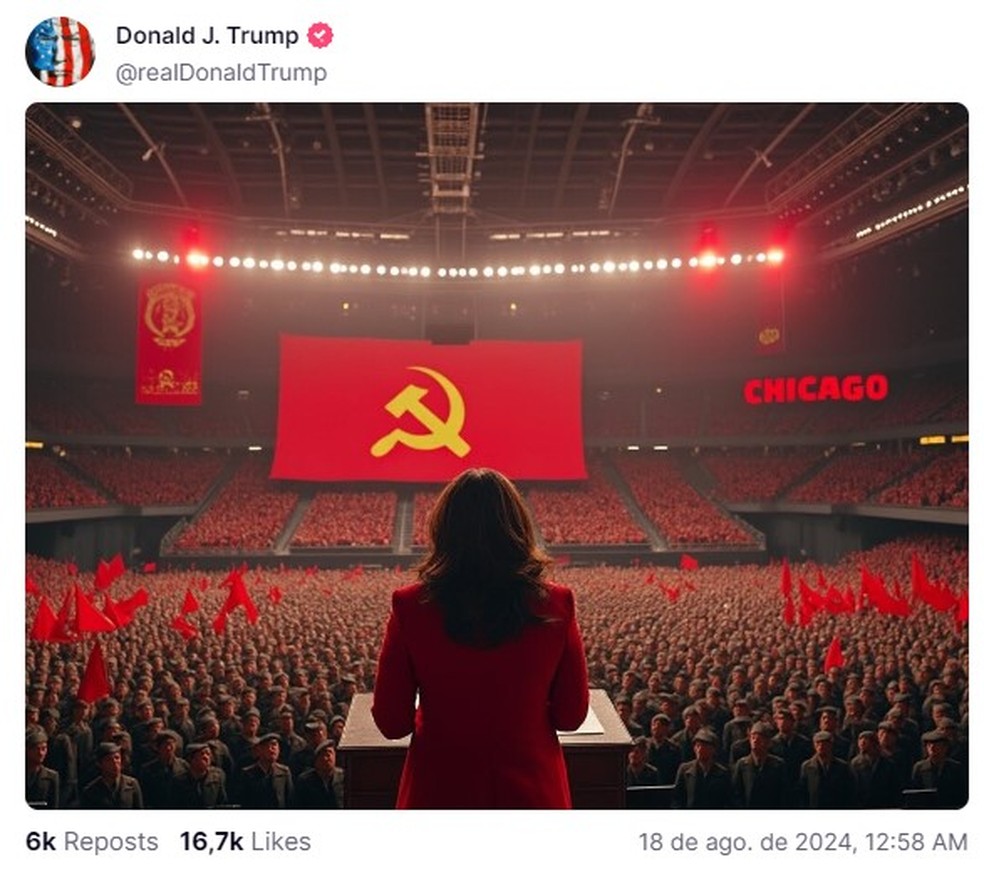 Conta de Trump posta imagem fake de Kamala Harris em 'evento comunista' &mdash; Foto: Reprodu&ccedil;&atilde;o