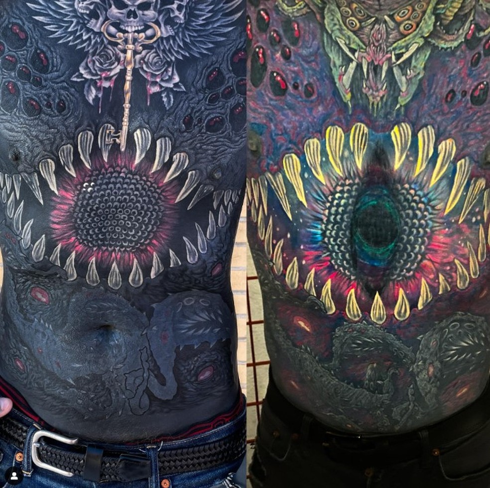 Tatuagens sobre tatuagens no tronco de Remy — Foto: Reprodução/Instagram