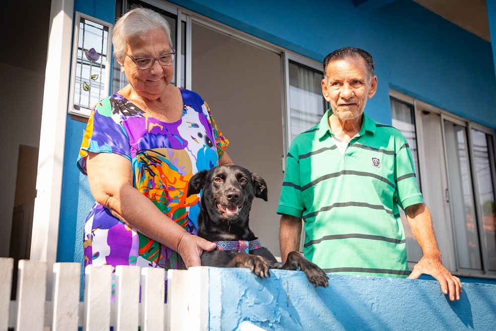  Vera Morais, de 80 anos, e o ator de teatro André Brevot, de 73, cuidam juntos da cadela Maju — Foto: Roberto Moreyra - Extra