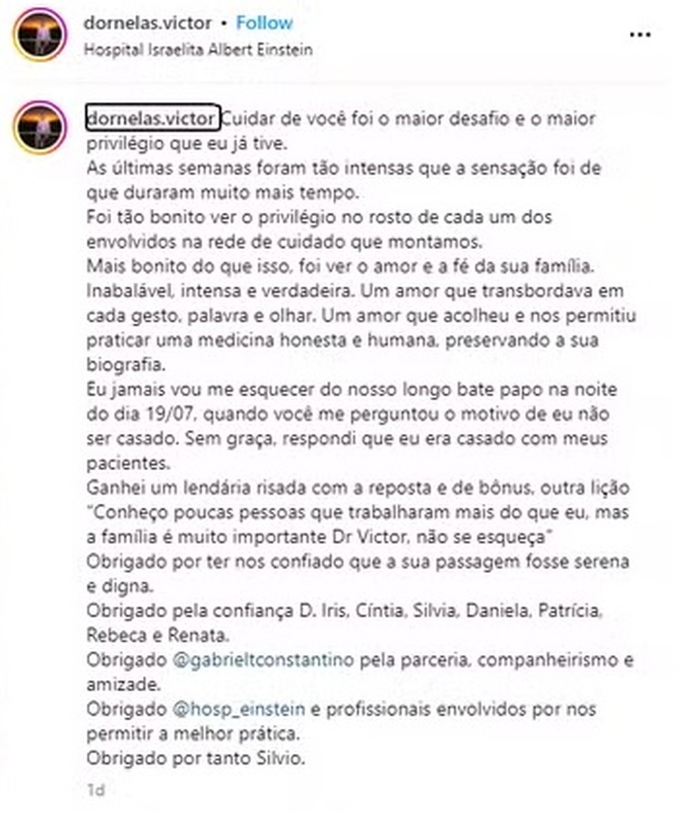 Médico que cuidou de Silvio Santos fez relato emocionante no Instagram — Foto: Reprodução