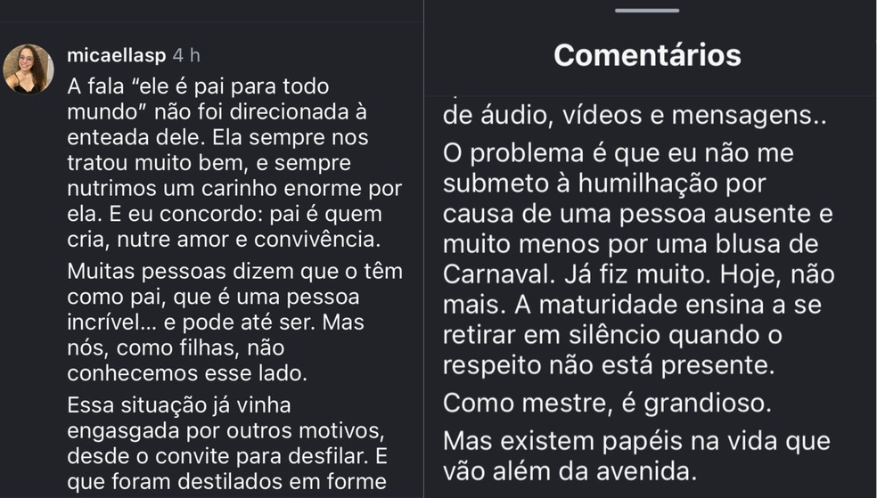 Filha de Mestre Ciça, Micaella Souza desabafou nas redes sociais sobre ausência do pai — Foto: Reprodução/Instagram