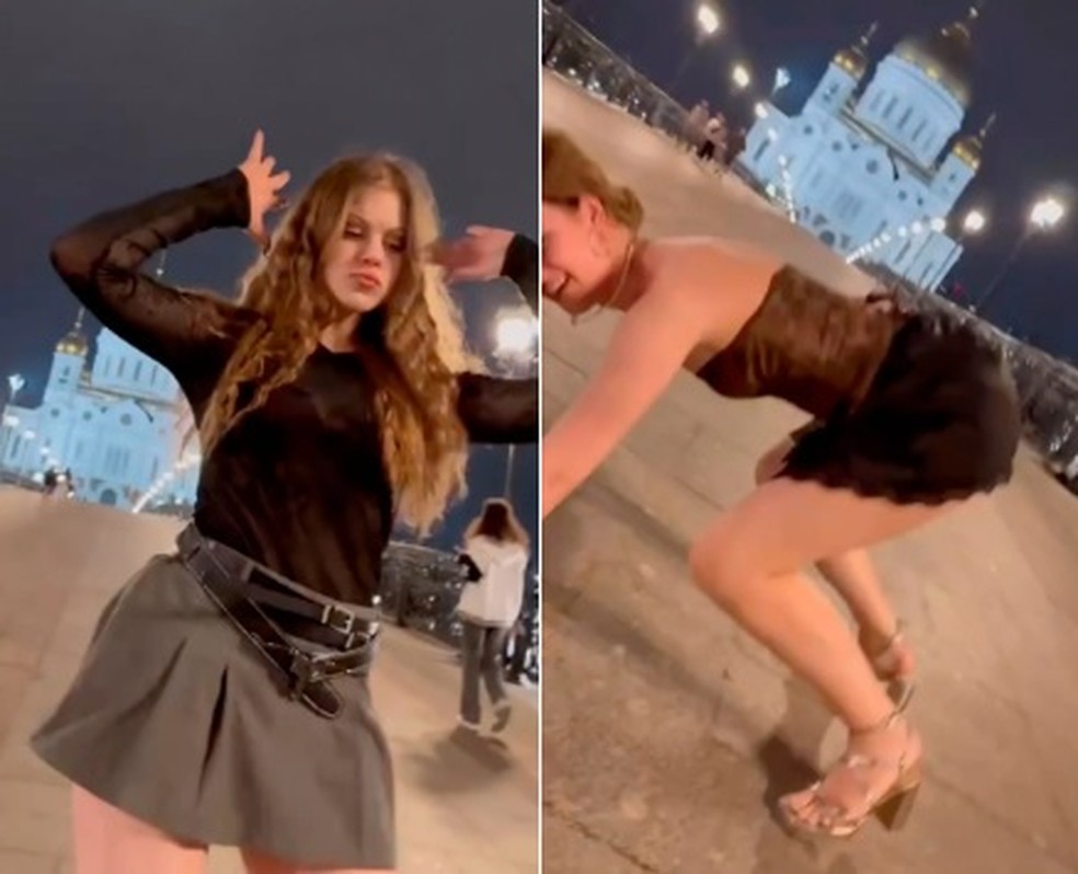 Estudantes universit&aacute;rias rebolam na frente da catedral de Moscou &mdash; Foto: Reprodu&ccedil;&atilde;o/TikTok