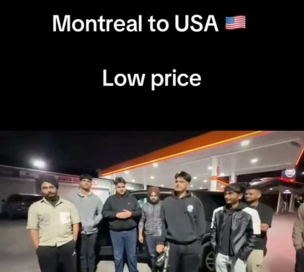 An&uacute;ncio de 'coiote' no TikTok mostra grupo de indianos em travessia ilegal aos EUA pela fronteira com o Canad&aacute; &mdash; Foto: Reprodu&ccedil;&atilde;o/TikTok